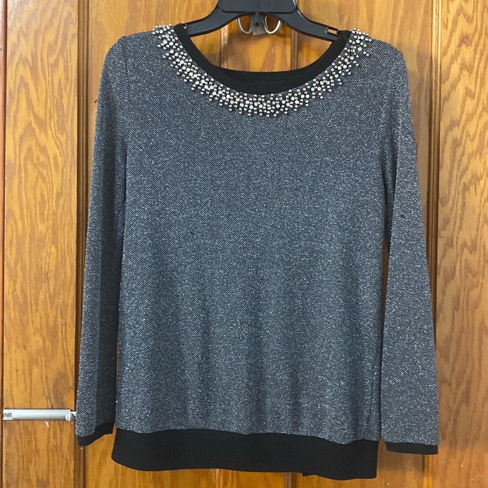 Akira Long Sleeve Metallic Silver Jeweled Collar Top Size Small